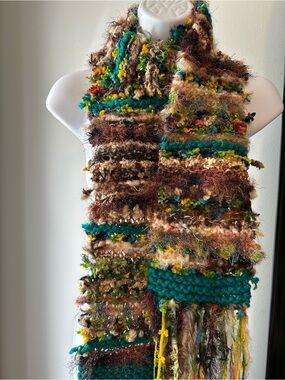 Handcrafted Multicolor Knit Scarf in Green, Brown & Yellow